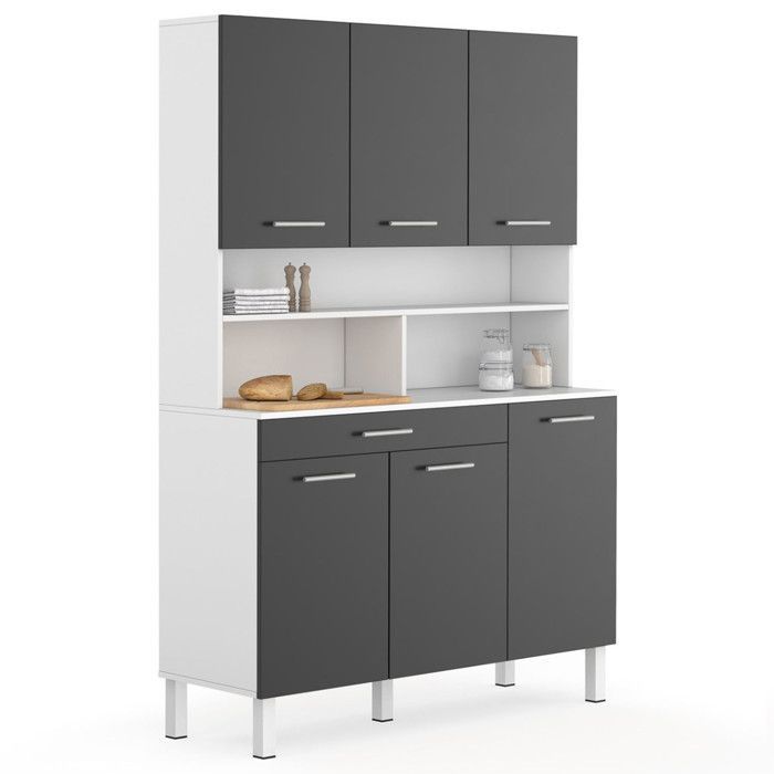 IDMARKET Buffet de cuisine 120 CM CINA 6 portes + tiroir blanc et gris brillant