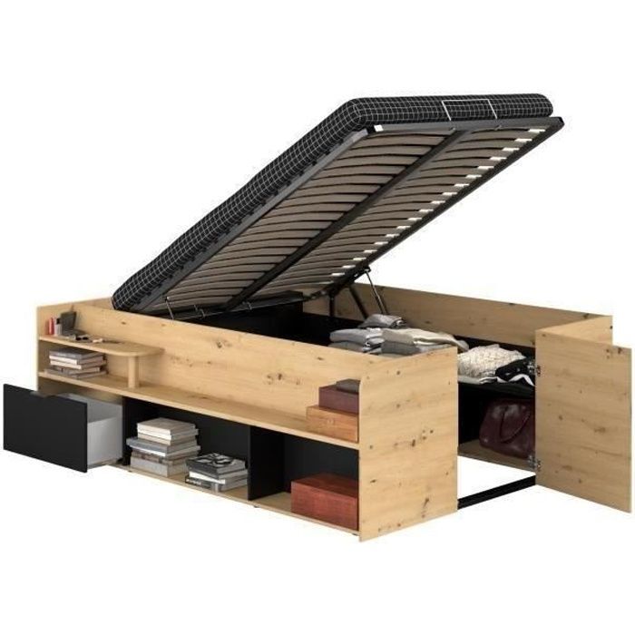 Cama con almacenamiento para adultos ODYSSEE - 140 x 190/200 cm - Con almacenamiento elevable - Acabado en roble y negro - 166,2 x 66,5 x 205,8 cm