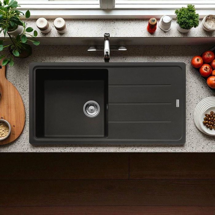 Fregadero de cocina empotrable FRANKE de 97 x 50 cm, 1 cubeta, color negro antracita, con escurridor reversible.