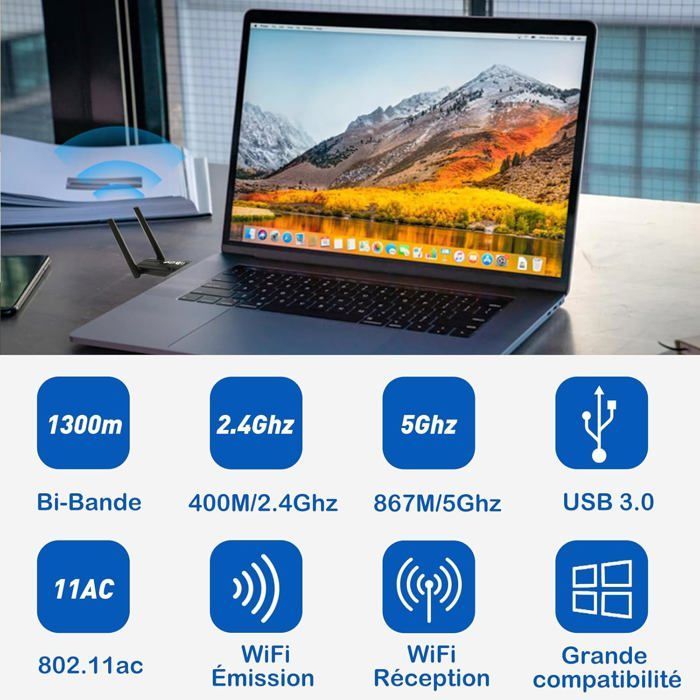 Powerful AC1300 Mbps WiFi Adapter, Dual Band USB 3.0 WiFi Adapter, 2.4G/5.8GHz USB WiFi Adapter for PC/Laptop/Desktop/Tablet
