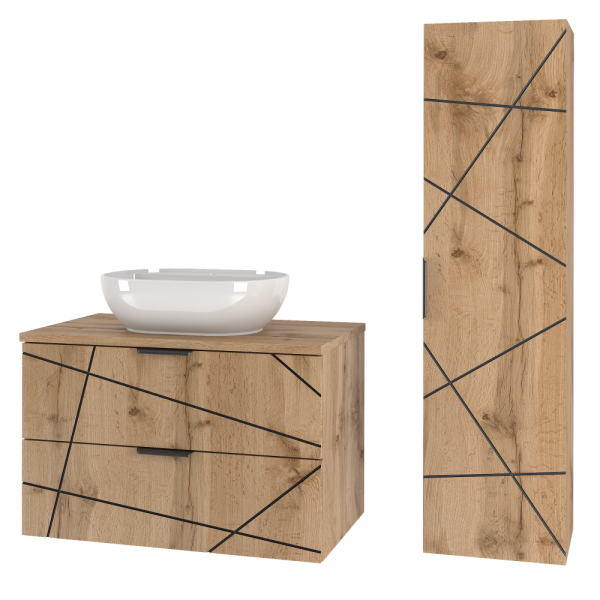 Zestaw Łazienkowy 80cm Szafka z Blatem Umywalka Słupek Dąb Wotan Wood