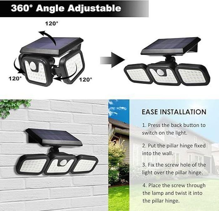 Lámpara solar exterior con sensor de movimiento, 74 LED, resistente al agua IP65 para jardín, entrada y patio.