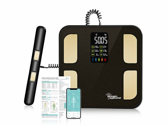 Körperanalysewaage – Newgen Medicals – Wiederaufladbar – Bluetooth – Bis 180 kg – Farb-LED-Display