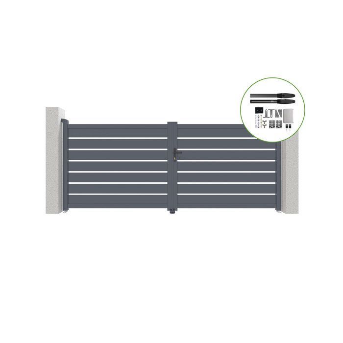 Puerta batiente y kit de motorización - Casanoov - VOGEL - 3,5 m de altura (143 cm) - Gris - Aluminio / Motorización HIKER B200