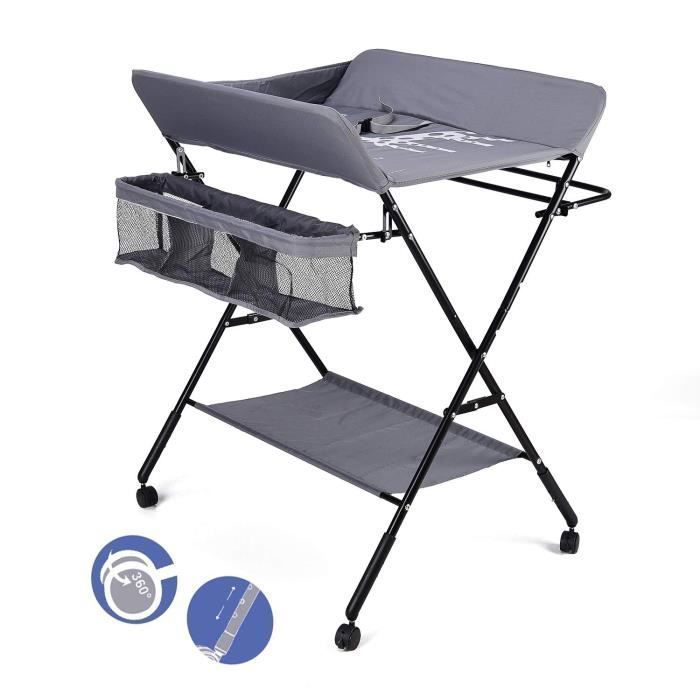 Table à langer Pliable pour bébé avec Roulettes, Sac de rangement - Hauteur réglable -Gris