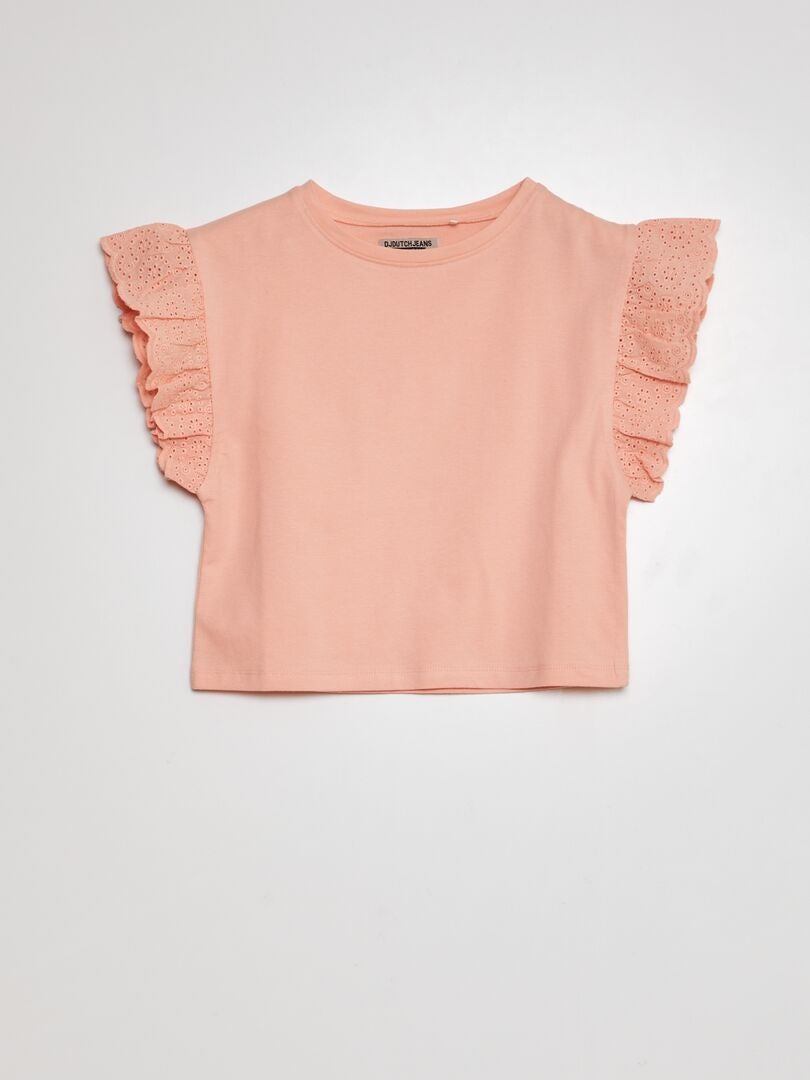 Camiseta con mangas bordadas con puntada inglesa - ROSA