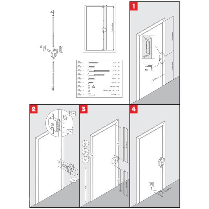 Cerradura de seguridad para puerta principal con varillas, montaje en superficie, 6 puntos de cierre, color blanco, lado derecho, distancia entre ejes de 60 mm, 5 llaves.