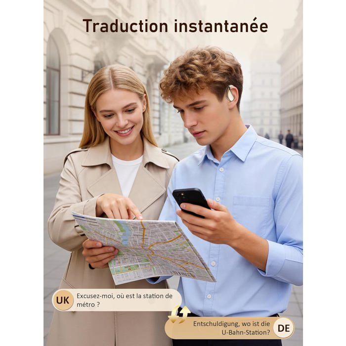 Fone de ouvido com tradutor instantâneo - STAMPILLE - Bluetooth 6.0 - 156 idiomas - 6 modos de tradução - Design aberto