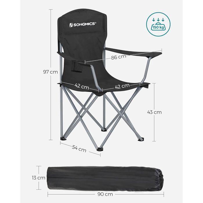 Juego de 2 sillas de camping SONGMICS - Construcción robusta - Carga máxima de 150 kg - Con portabotellas - Negro