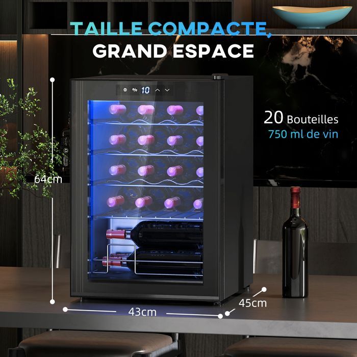 Cave à vin - HOMCOM - 20 bouteilles 53L haute performance température réglable 5-18° lumière LED - noir