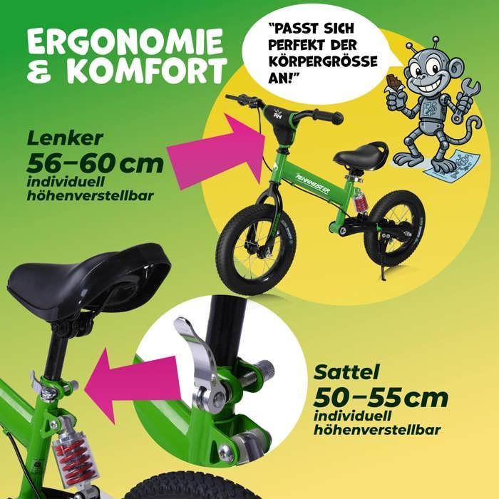 Donkergroene Rennmeister loopfiets voor kinderen, zonder pedalen, met vering, maximaal 50 kg, trommelremmen, schokabsorberende bekleding, zadel.