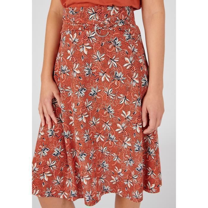 Damart - Rok met riem en gesp - Bloemenprint in oranje