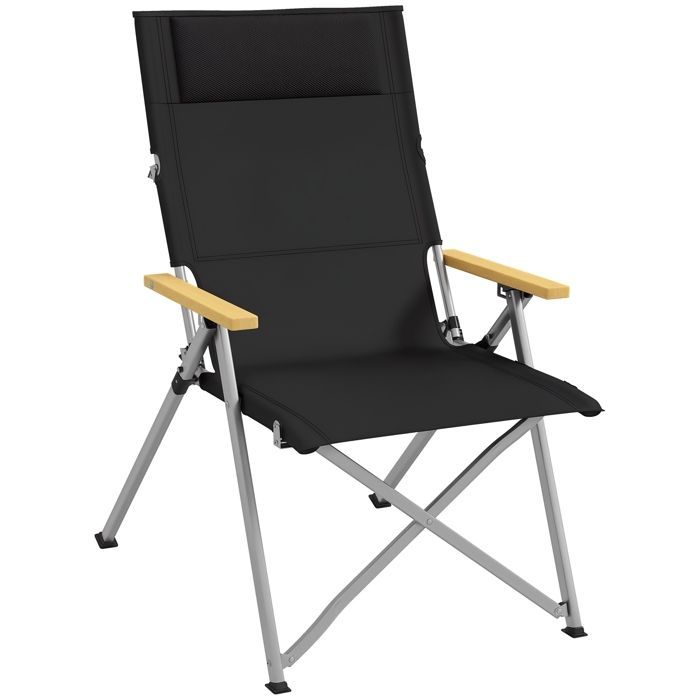 Campingstuhl – Outsunny – faltbar und tragbar – verstellbare Rückenlehne, gepolsterte Kopfstütze, Tasche – 74 x 59,5 x 98 cm – schwarz