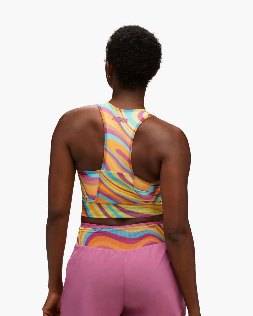 HOKA Soutien-gorge à poche pour jour de course, imprimé topographique de sentier