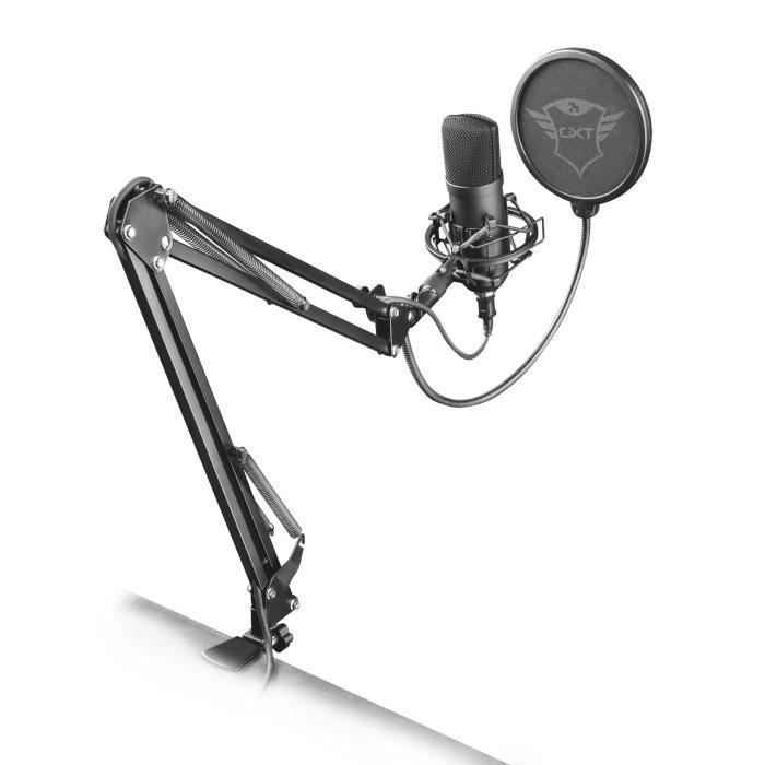 Micrófono USB cardioide Trust Gaming GXT 252+ Emita Plus con brazo para micrófono, ideal para podcasting, streaming y YouTubers – Negro