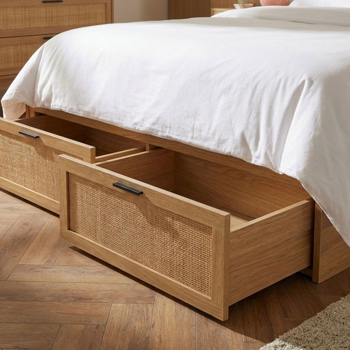 Cama AMANA con cajones, ratán, 140x190 cm, somier de láminas incluido - Madera