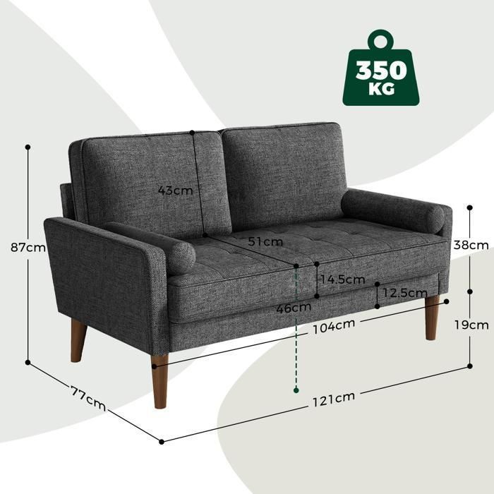 2-Seater Sofa in Grey Fabric, 121 x 77 x 87 cm, Scandinavian Style Sofa with 2 Cushions, Wooden Legs