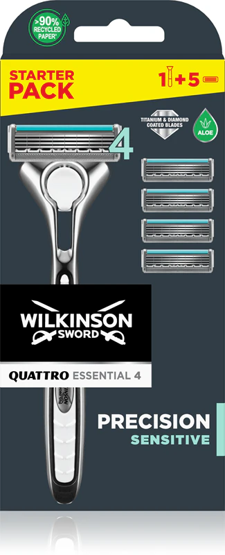 Wilkinson Sword Quattro Titanium Sensitive scheermes + vervangende mesjes (4 stuks).
