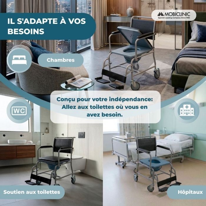 Silla de baño Mobiclinic Ancla con ruedas, silla de aseo con reposabrazos plegables y ajustables en altura, color gris.