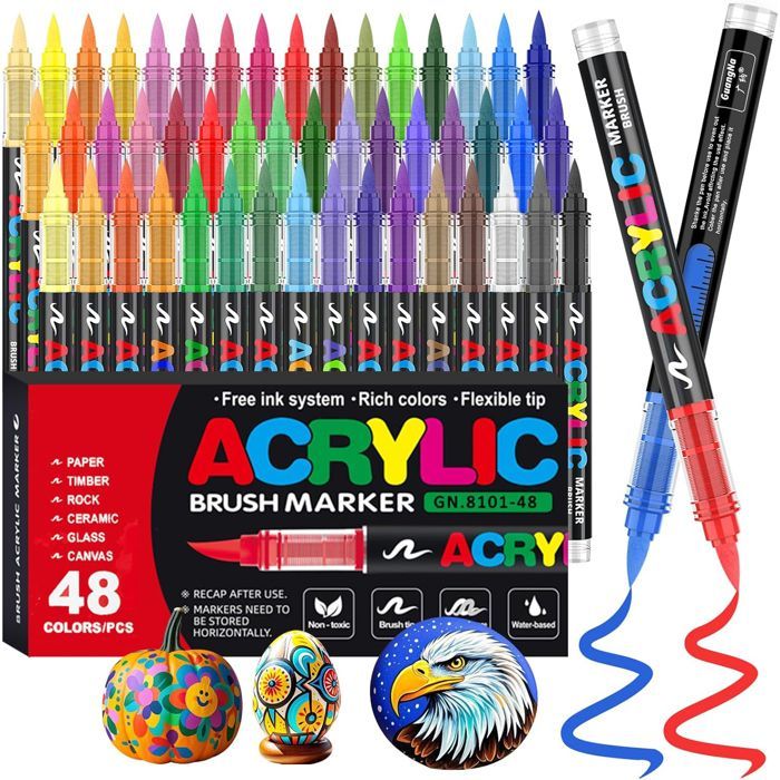 Acrylmarkers in 48 kleuren, acrylverfmarkers met penseelpunt voor volwassenen om mee te kleuren.