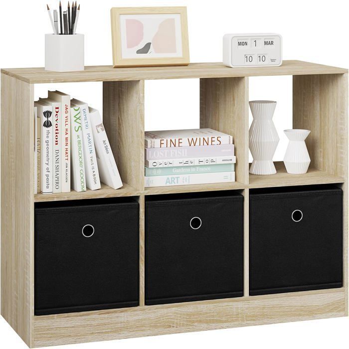 WOLTU Bibliothèque, Meuble de Rangement, Étagère avec 6 Casiers, Meuble Cube, 3 Tiroirs en Tissu, 80x30x60cm, Chêne Clair W0ATT0295