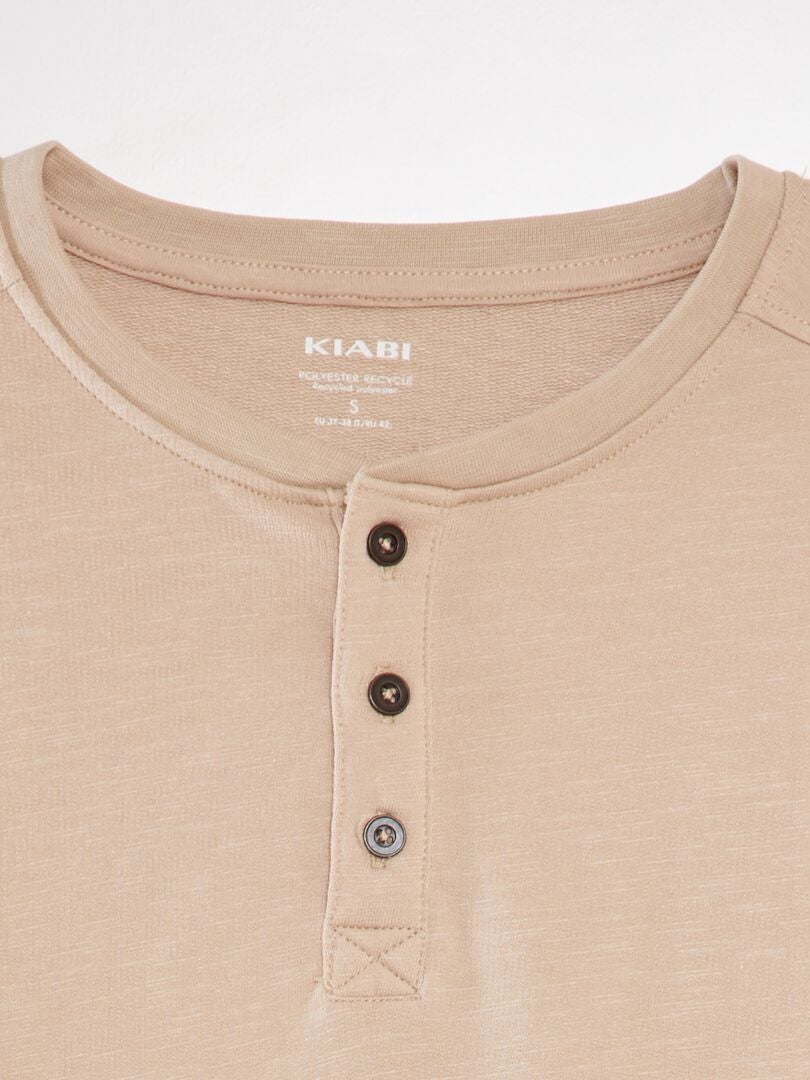 Camiseta de cor sólida com gola henley - Bege