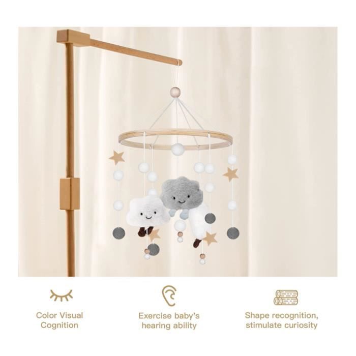 Campanillas de viento para bebé con bolas de fieltro - Nubes 3D - Campanillas de viento de madera - Para bebé - Gris