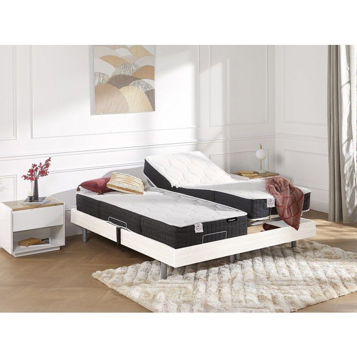 Cama elétrica de relaxamento com base de ripas + colchão de molas ensacadas e espuma viscoelástica - 2 x 90 x 200 cm - Branca - PHANES by YSMÉE