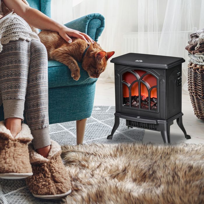 Chimenea eléctrica - HOMCOM - independiente 750-1500 W, efecto llama LED, protección contra sobrecalentamiento - acero - negro