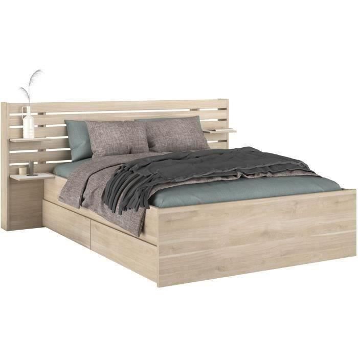 Cama adulta ESCALE 160x200 cm - Acabado en roble japonés - 2 cajones + cabecero - Ancho 222,8 x Alto 98,2 x Profundidad 216,8 cm - Fabricada en Francia