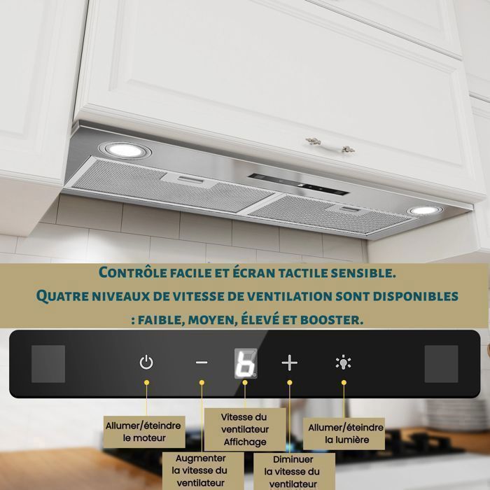 Hotte Asipirante,hotte encastrable,400 m³/h,Fonction Booster, A++,Recyclage avec filtre charbon ,Gestuelle  Tactile,72CM