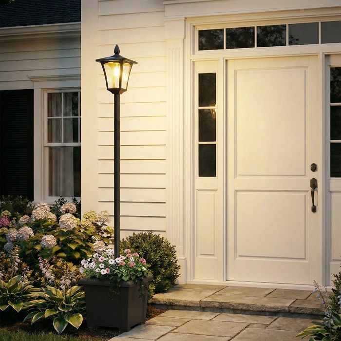 Lampada solare da terra per esterni Outsunny - Luce LED impermeabile - con fioriera - Alluminio - 160 cm - Nera