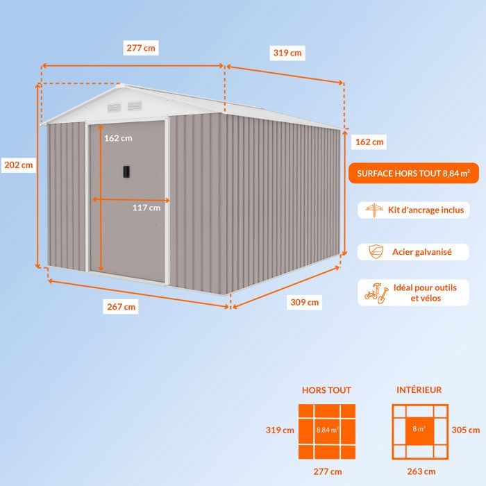 Abri de jardin en métal 8,84 m² - 277 x 319 x 202 cm - URANUS - Kit d'ancrage inclus, 2 portes coulissantes - Taupe