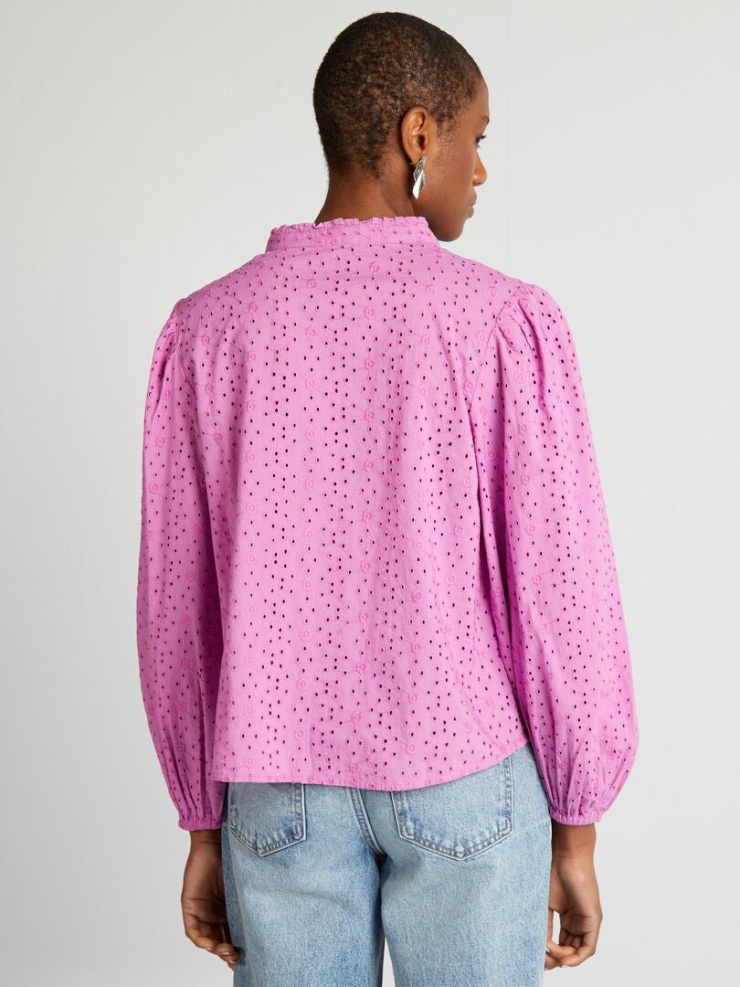 Geborduurde en geperforeerde blouse met V-hals - ROZE