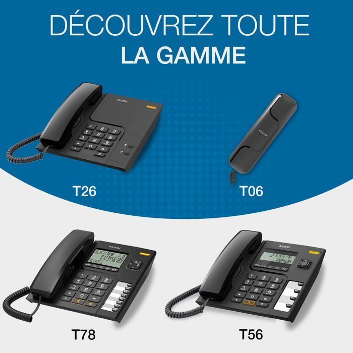 Teléfono fijo con cable - ALCATEL - Temporis T06 - Diseño compacto - Montaje en pared/escritorio - Botón de rellamada