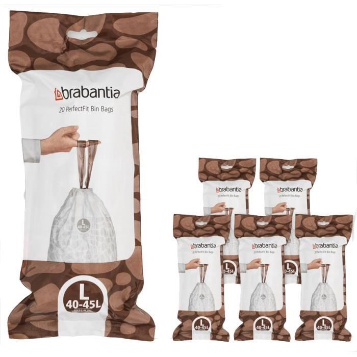 BRABANTIA 6 rollos de 20 bolsas de basura PerfectFit, Código L 45L - Blanco