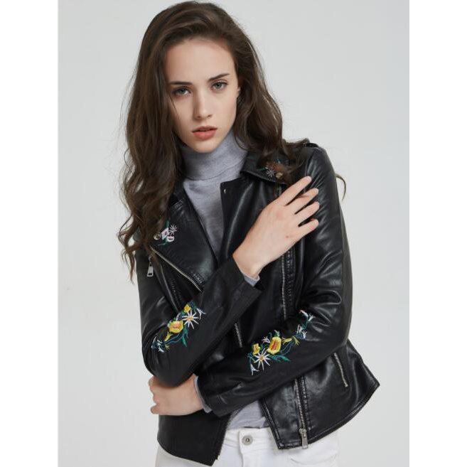 Women Leather Embroidery PU Locomotive Fashion Women High quality Short Leather Jacket Slim Soft Motorcycle Jacket