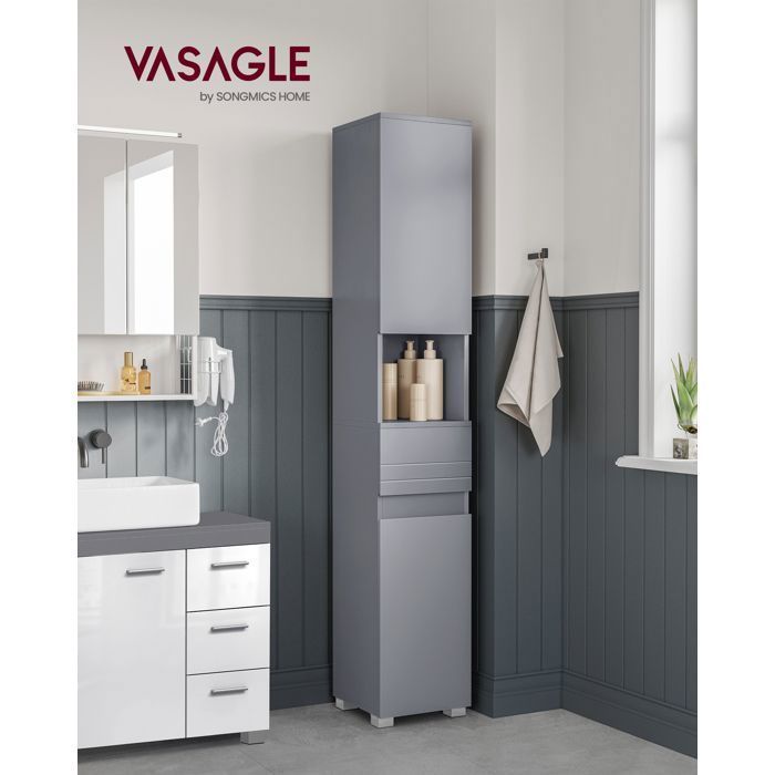 VASAGLE Badkamerkast, Hoge kast met lade, Verstelbare planken, Vakken, 30 x 30 x 170 cm, Grijs