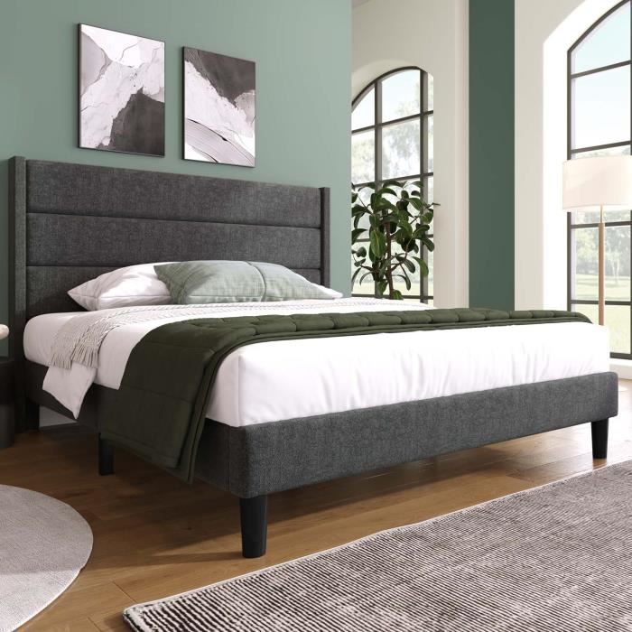 Lit adulte en tissu velours avec cadre de lit et tête de lit - MODERNLUXE - Gris foncé - A lattes - 140x200cm