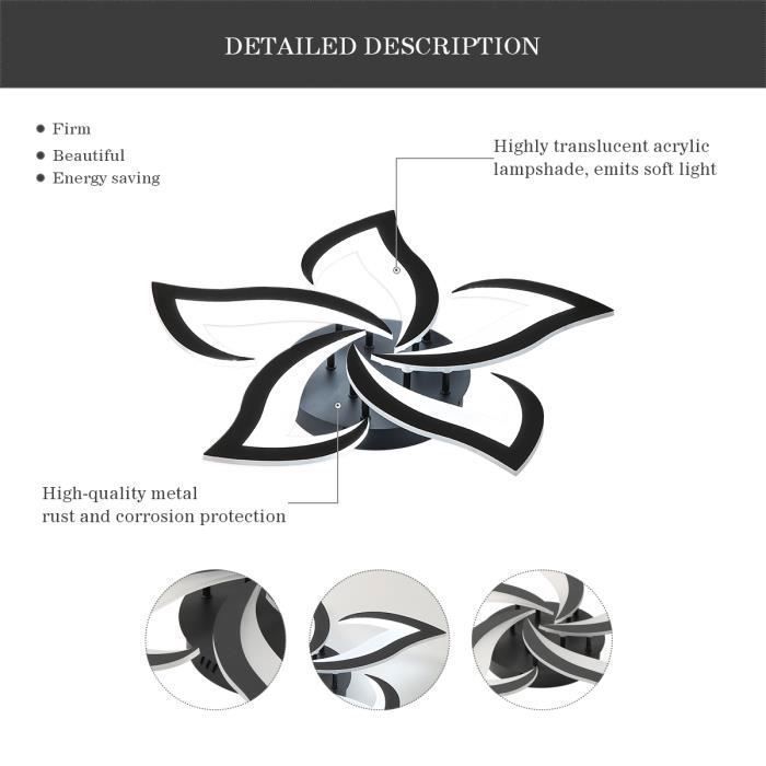 DELIPOP Plafonnier LED moderne 60W 6000K Lampe de Plafond Noir pour salon chambre cuisine salle à manger,5 Lumières acrylique,60 cm