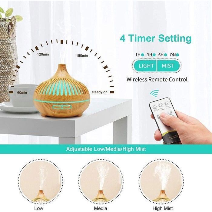 Difusor de óleos essenciais de 550ml, umidificador ultrassônico com controle remoto e 15 luzes LED para casa/yoga/escritório.