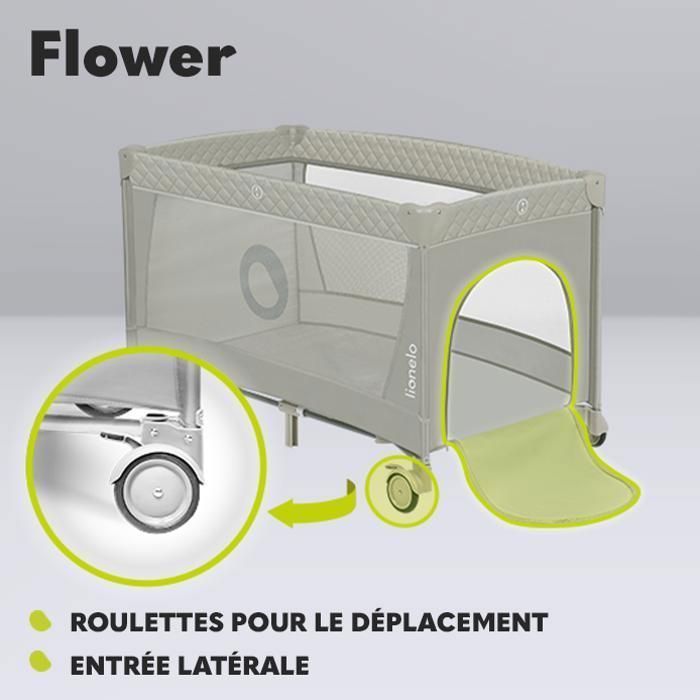LIONELO Flower 3-in-1 kompakti matkasänky - Vauvan leikkikehä - 0-36 kuukautta - Kantolaukku - Nopeasti taittuva - Pyörät - Beige
