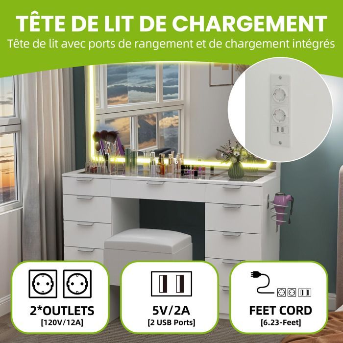 BALCONERA Schminktisch mit Spiegeln – mit LED-Beleuchtung – 11 Schubladen – 3 verstellbare Farben – Weiß – 114 cm L x 40 cm T x 139 cm H