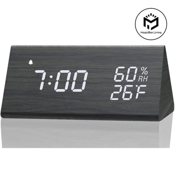 Sveglia in legno con display a LED, caricatore USB, sensore di umidità e temperatura, digitale multicolore, a carica manuale.