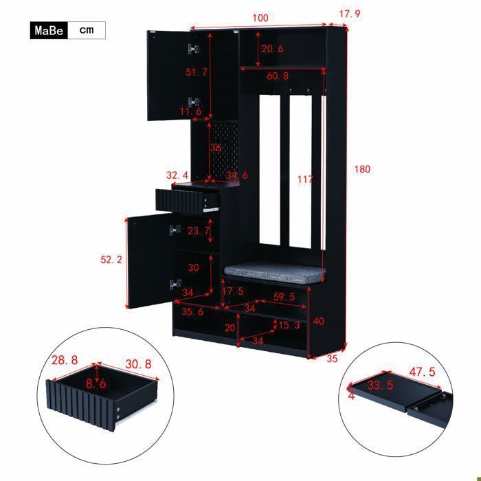 Meuble d'entrée avec 1 tiroirs et 2 porte - Becag - Vestiaire d'entrée avec banc et 4 crochets - 100x35x180cm - Noir