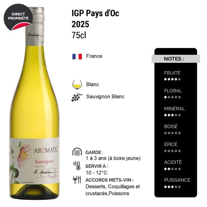 Bruno Andreu Pays d'Oc Aromatic Sauvignon 2025 - Vin Blanc du Languedoc - Roussillon (6x75cl)
