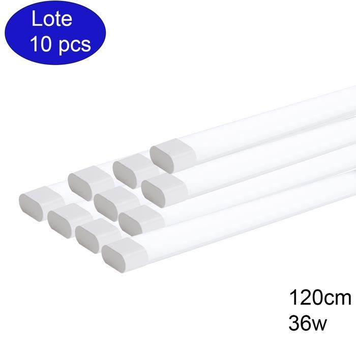 Paquete de 10 luminarias LED de 120 cm, 36 W, 4500 lm, luz blanca fría de 6000 K, carcasa blanca, difusor mate antirreflectante.