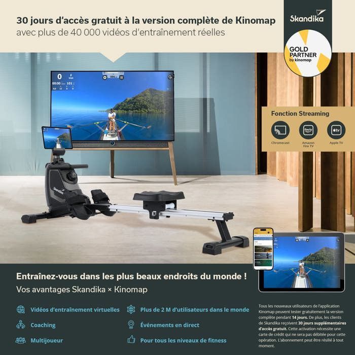 Máquina de Remo Indoor Skandika Venn - Bluetooth - Compatível com o aplicativo Kinomap - 8 níveis de resistência - Console - Peso máximo suportado: 125 kg