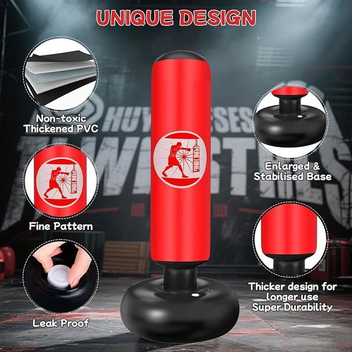 Set regalo per bambini composto da sacco da boxe gonfiabile autoportante da 160 cm con pompa ad aria e guantoni da boxe - Rosso