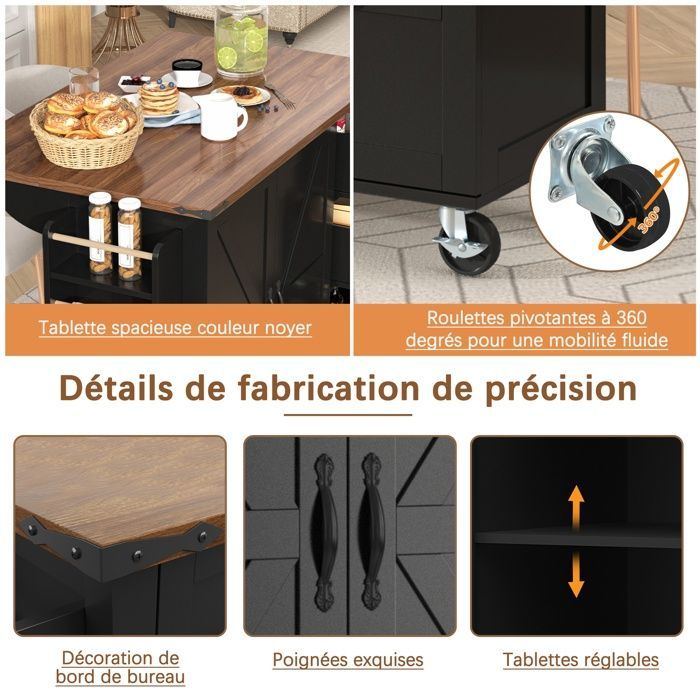 Carrinho de Cozinha - TKOPY - Ilha de Cozinha Extensível com Rodízios, 3 Gavetas e 2 Portas - 140x73x92,5cm - Preto